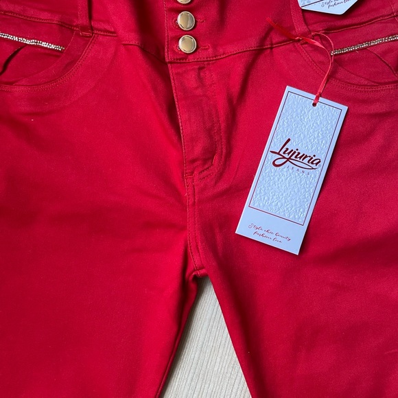 LUJURIA JEANS, Colombian Butt Lifter Rhinestone Red Skinny Jeans - Picture 5 of 10